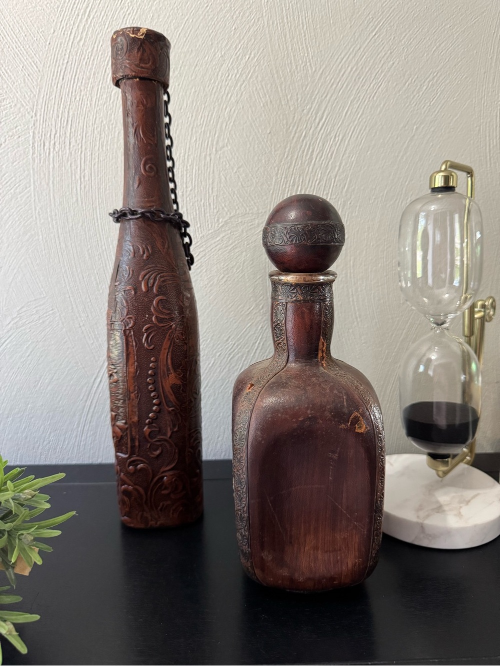 Vintage leather wrapped glass decanters - Picture 2 of 13